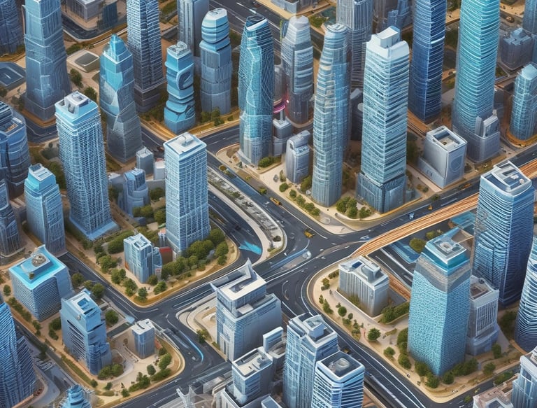 A modern digital display board features phrases promoting sustainability, future cities, and innovation. It emits a green glow against a dark background, while palm fronds partially frame the view.