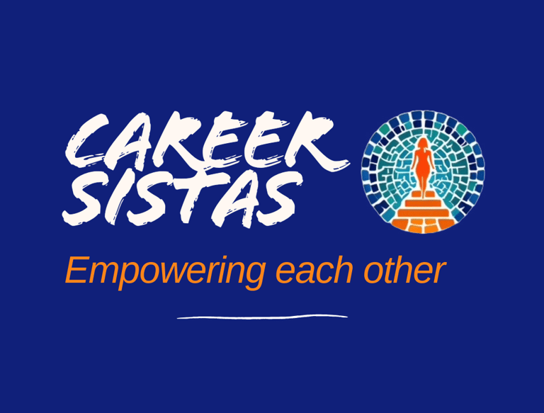 Career Sistas Logo, a blue and white logo with the words career sistas and empowering each other