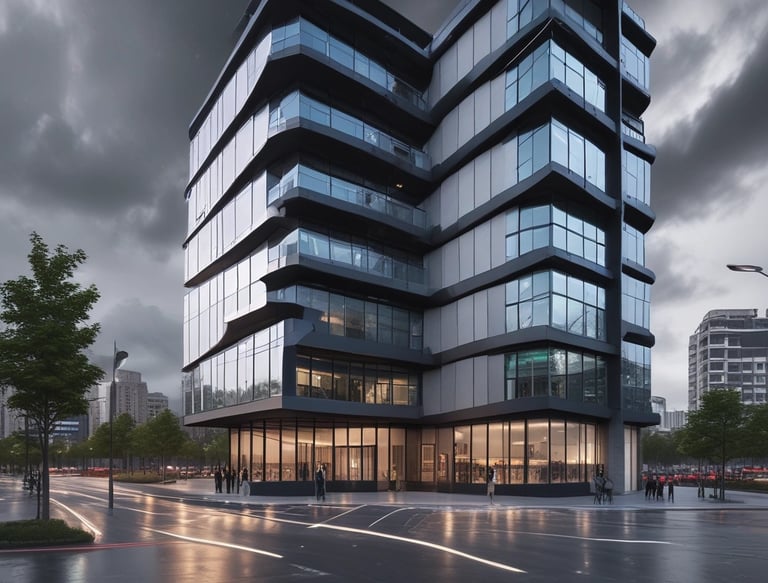 A logo sign attached to the wooden exterior of a building, featuring a stylized design in light and dark colors. Below the logo, text appears in a bold font. The background includes part of the building's facade and a view of street elements such as power lines and a street lamp, under a blue-tinged sky.