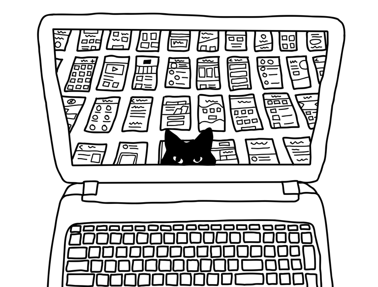 laptop screen with templates and cat peaking out