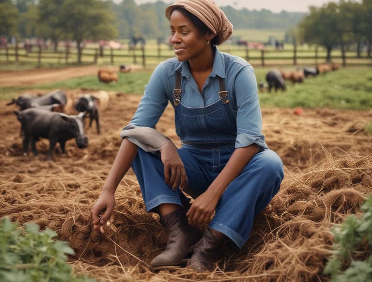 A person is tending to a garden, spreading organic material onto the soil between rows of young plants. The setting is a well-organized farm with various types of plants growing in parallel rows. A wheelbarrow filled with similar organic material is visible nearby.
