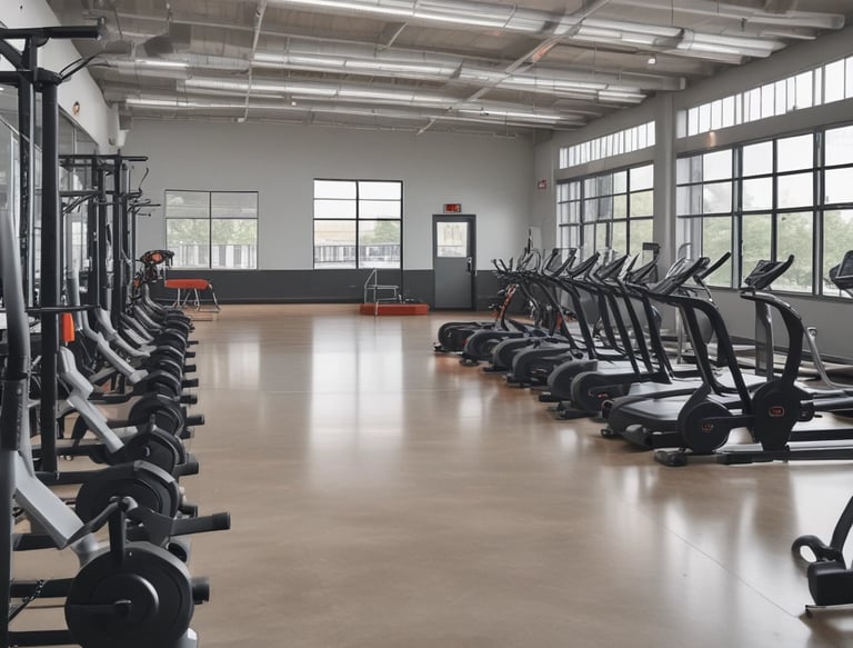 A modern gym interior with various exercise machines neatly arranged on a wooden floor. The walls are lined with motivational posters and parts are adorned with artificial greenery. Ceiling lights illuminate the space, highlighting the sleek and organized look of the equipment.