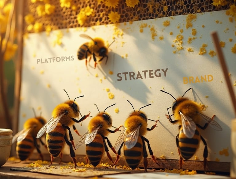 A stylized illustration of a bunch of bees looking at a white board that says strategy