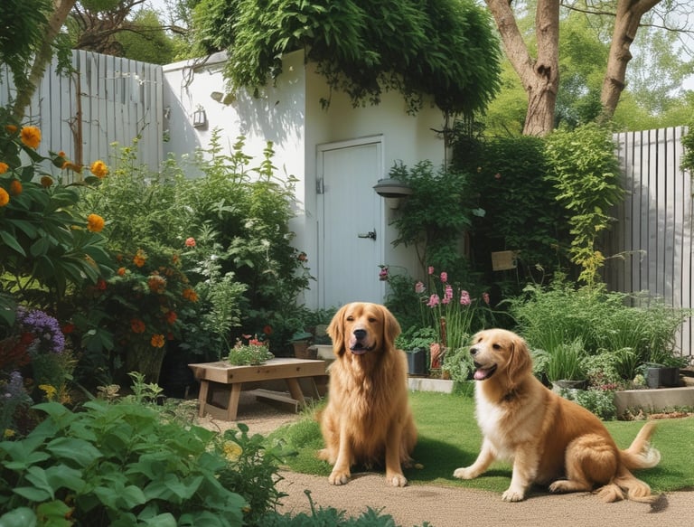 A dog is walking in a large, grassy backyard. The yard is enclosed by a wooden fence. The sky is clear with a hint of sunset, casting a warm light over the scene. There are some bare trees and a couple of evergreen shrubs beyond the fence, and a few rooftops are visible in the background.