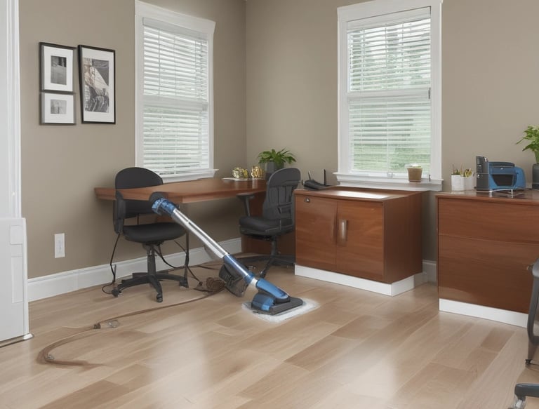 A tiled floor with visible dirt and cleaning solution being cleaned by a circular floor cleaning machine. The tiles are light brown with noticeable dirt in the grout lines. The cleaning machine has a blue and black circular head connected to a metal handle and hose.
