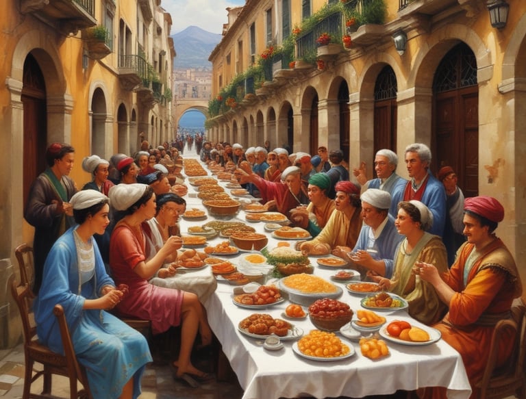 Hands are placing topping on a piece of toast on a white plate. Nearby, two arancini balls are placed on a small dish with a skewer. A glass of iced cola is partially visible at the edge of the table.