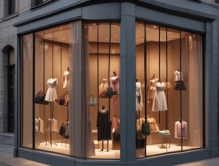 A fashion window display features an elegantly dressed mannequin seated amidst a luxurious setup. The mannequin wears a detailed lace dress and jewelry, surrounded by a variety of high-end handbags, accessories, and decorative elements. The setting conveys opulence with a vintage-styled chair, ornate shelving, and a warm color palette.