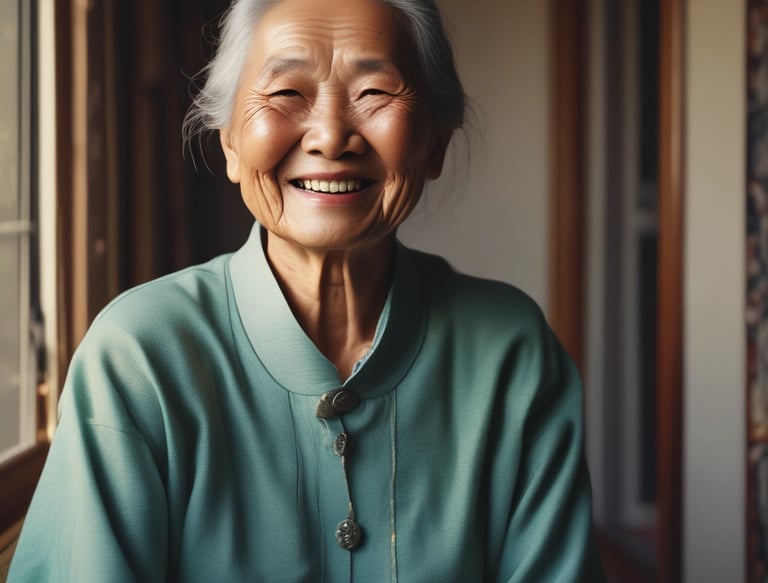 A caregiver smiling while engaging with an elderly person in a cozy setting.