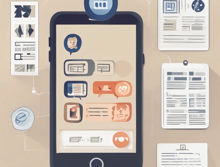 A person holds a smartphone that displays a website in French offering a simple and effective solution for managing social networks. The smartphone screen shows vibrant colors including purple and red text, and the background features green leaves.