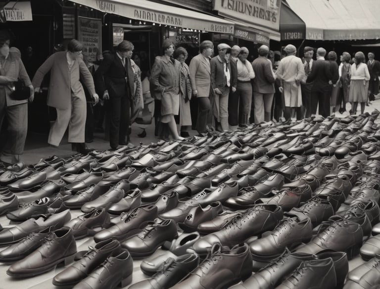 A shoe featuring a stylish and modern design is placed on a textured stone pathway, showcasing a blend of black, purple, and white colors. The shoe's material includes a mix of textures and patterns, and it is worn by someone wearing dark pants.
