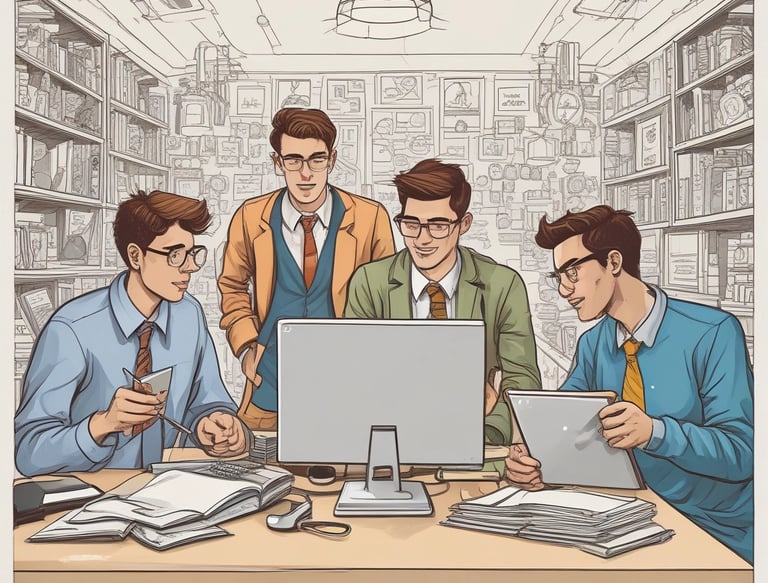 A small, round robot with a smooth white surface and blue accents operates a blue laptop on a sleek, floating platform. The robot has glowing eyes and an antenna on its head, with an 'AI' emblem on its front.