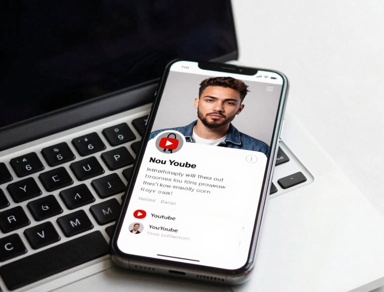 A smartphone displaying a social media profile is placed on a wooden table next to a laptop. The profile includes a picture, name, and details about a creator and photographer. The blue and white interface is visible on the phone screen.