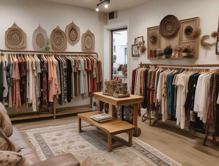 A cozy, warmly lit boutique or cafe with stylish clothes hanging on racks. There are round pendant lights and a decorative chalkboard. Floral arrangements adorn tables, and a person is seated and engaged in dining or working.