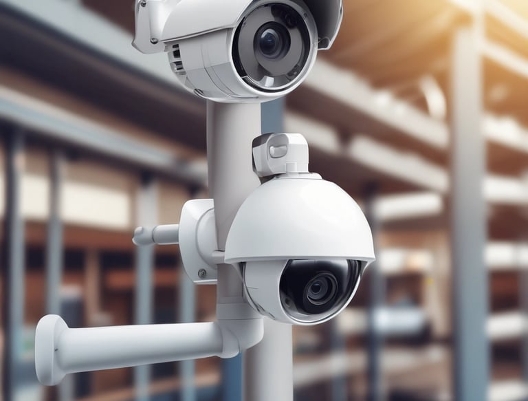 An extensive outdoor electrical substation features numerous transformers, circuit breakers, and metal structures interconnected by a grid of cables. The area is fenced, and the ground is covered in gravel. Overhead power lines are prominently visible along with high-voltage equipment.