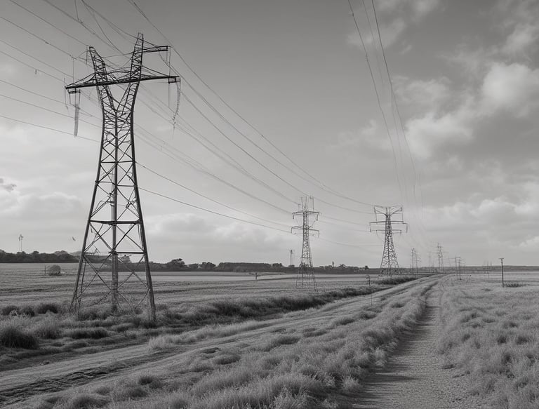 Aerial view of expansive rural land with visible power lines and highways cutting through.