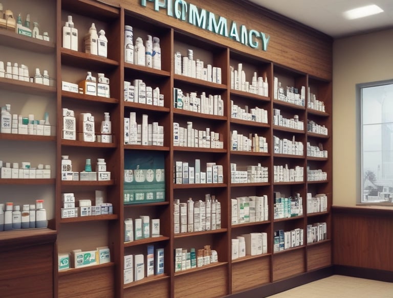 A metal sign with blue lettering indicating the direction to a pharmacy. The background is slightly blurred, showing pavement and some indistinct buildings and vehicles.