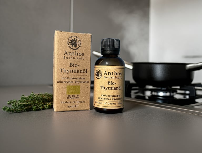 a package and a bottle of essential thym oil