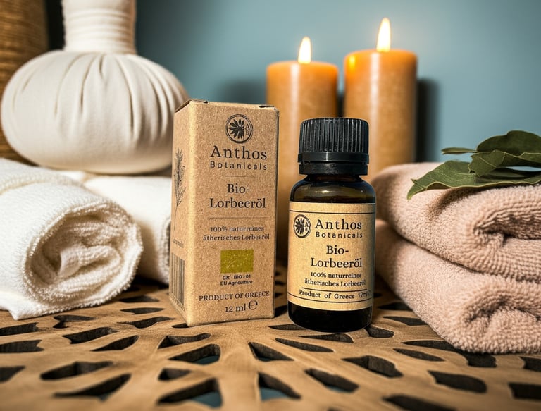 a bottle of laurel bay essential oil sitting on a table
