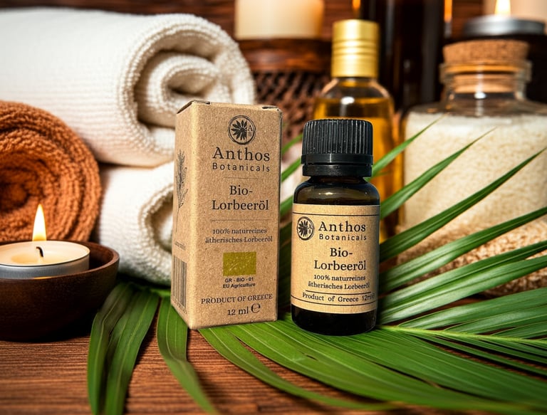 a bottle of laurel bay essential oil with candled candles