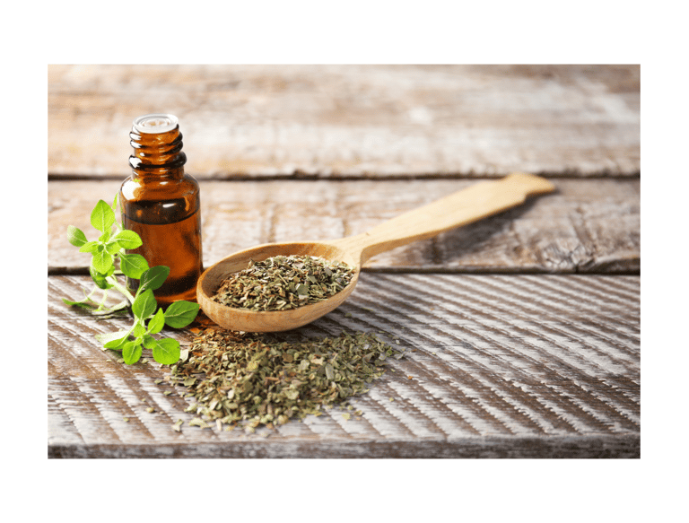 a wooden spoon with oregano and a brown glass bottle with an essential oi