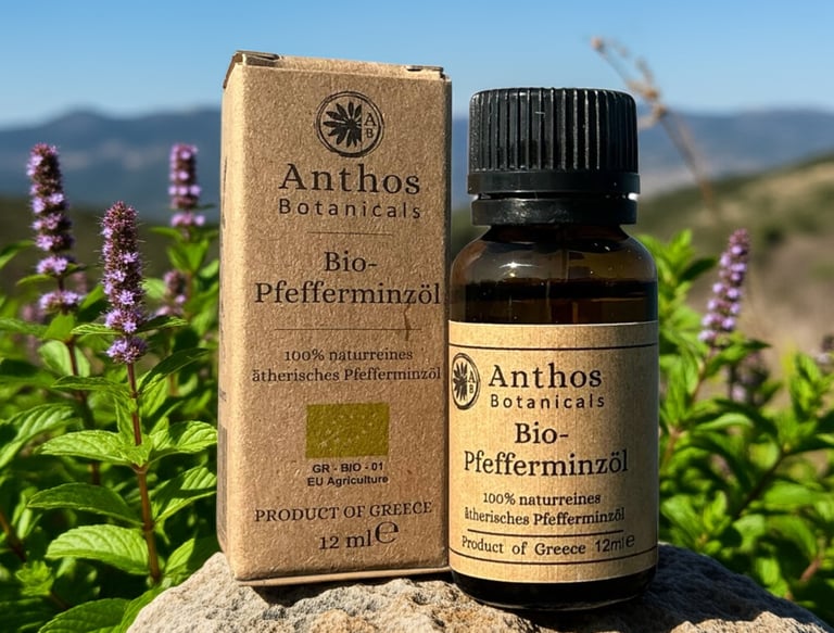 a bottle and a box of peppermint essential oil on a rock in a peppermint field