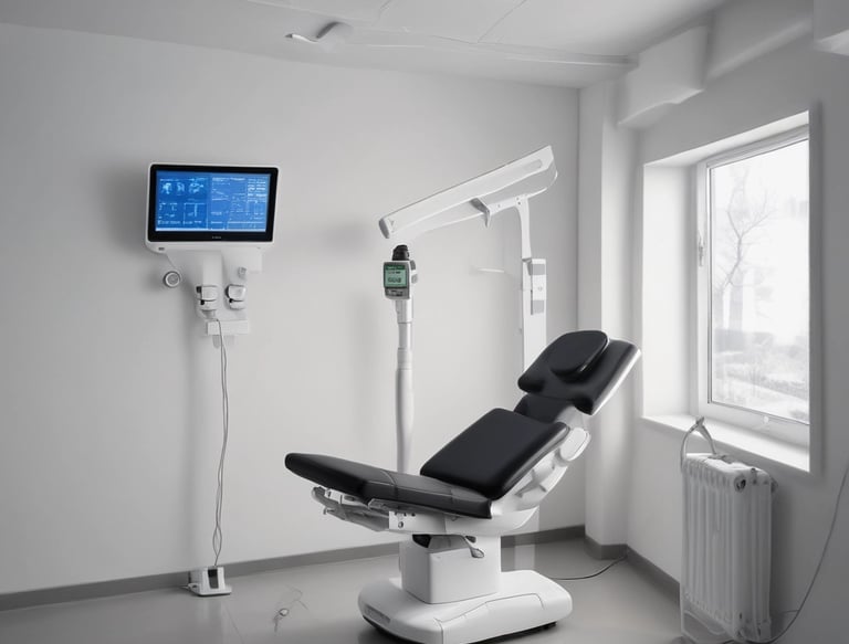 A serene therapy room with calming blue tones.
