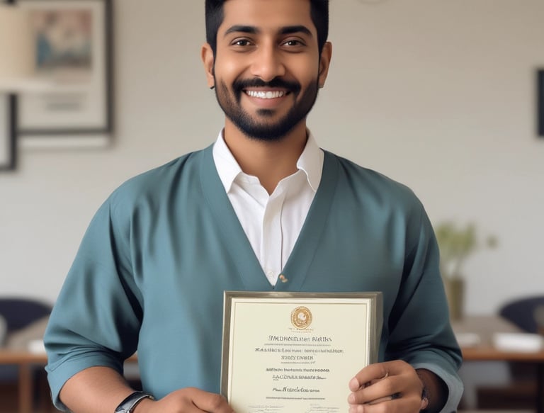 A confident student holding a freshly issued diploma certificate with a bright smile.