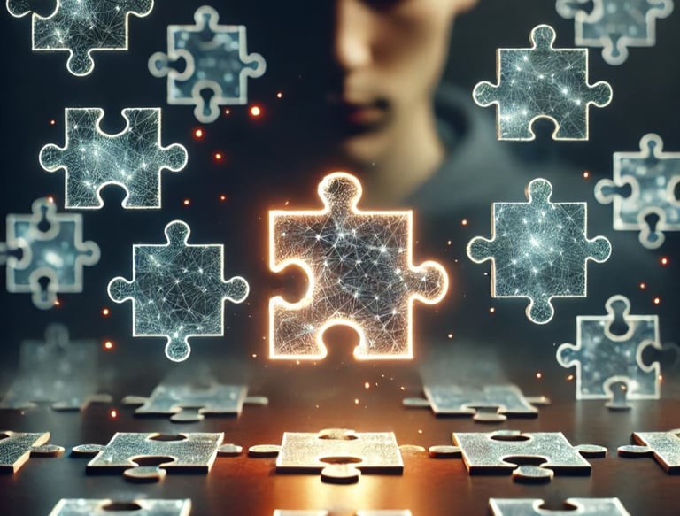 Abstract image of glowing puzzle pieces representing innovation, connection, and inclusion 