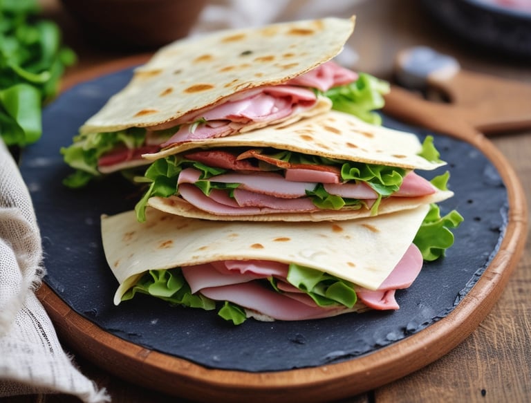 A freshly made piadina filled with quality ingredients, served on a rustic wooden table.