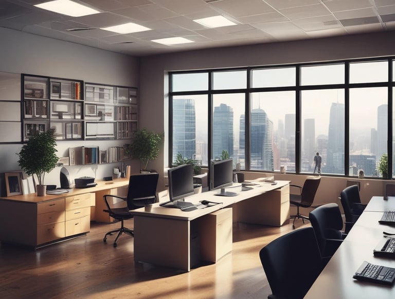 A multi-story building with a business on the ground floor displaying a sign for an architectural company. The facade includes balconies with railings. In front of the entrance, there is a table covered with a red cloth, adorned with decorative floral arrangements. Motorbikes are parked along the sidewalk and there are some potted plants on a ledge above the entrance.