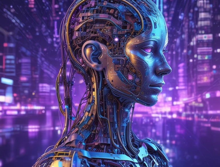A futuristic and digital-themed image features a stylized circuit board with the words 'Open AI' in bold, glowing letters. Above it is a design that resembles an AI or robot face with neon accents. The background consists of a network of interconnected blue lines and nodes, suggesting themes of technology and connectivity.