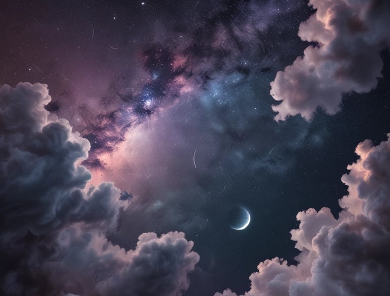 Un cielo nocturno con nubes, estrellas, nebulas y la Luna.