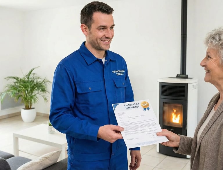 Technicien Ramonage Direct remettant le certificat de conformité à Vertou