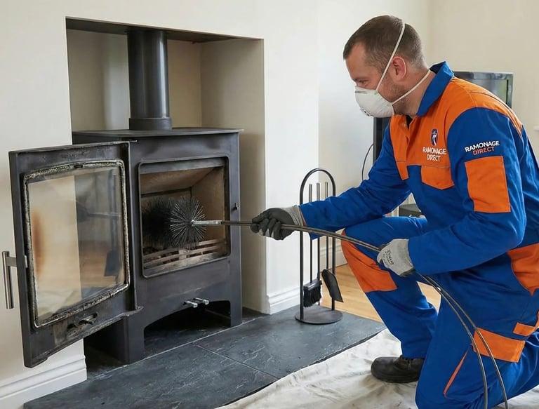 Technicien Ramonage Direct nettoyant l'intérieur d'un poêle à bois vitre ouverte avec soin