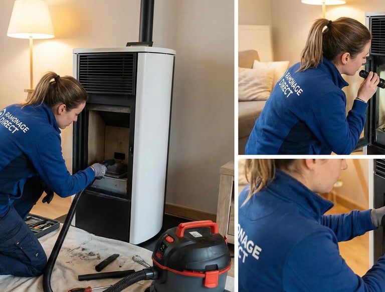 Technicienne experte Ramonage Direct effectuant la révision complète d'un poêle à granulés à Nantes