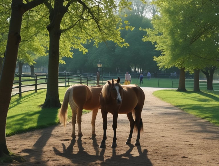 A beautifully manicured garden with lush green grass, neatly trimmed hedges, and gravel paths. Stone sculptures of deer with antlers sit atop a stone wall. Benches are positioned on either side for seating, surrounded by vibrant flowers and potted plants. The landscape extends to include rolling hills and a blue sky filled with fluffy clouds.