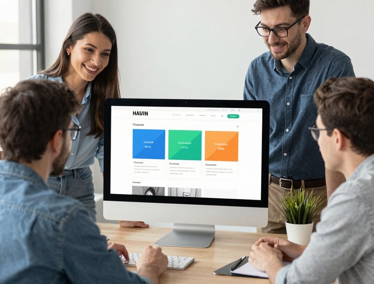 A diverse team collaborating on a project in a modern office environment.