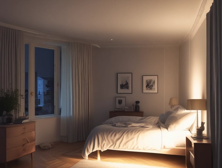 A cozy outdoor setting featuring solar-powered lamps illuminating the garden.