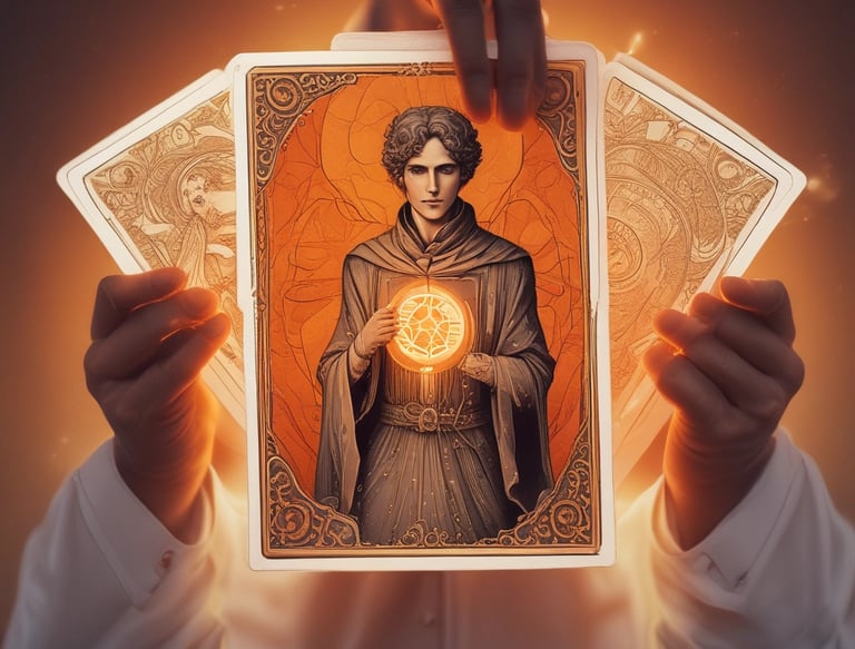 Several tarot cards are spread out on a white surface. Each card features unique illustrations, such as a lion, a crescent moon with forest trees, a pair of flying birds, a deer beneath a rainbow, and two intertwined sticks.