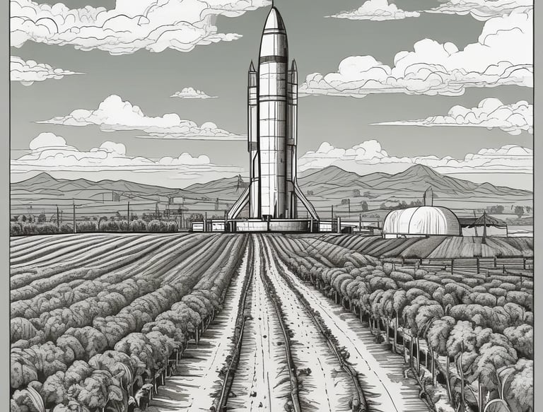 Aerial view of a vast agricultural landscape with green fields and water bodies under a clear sky.