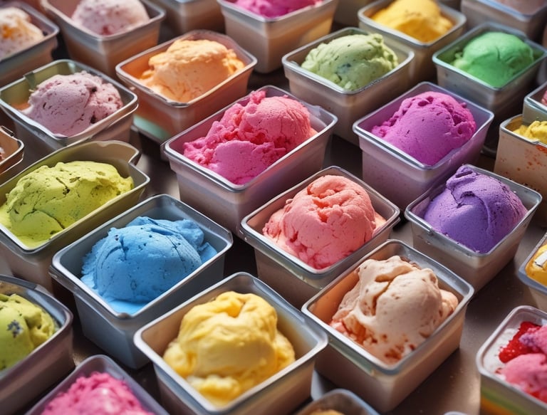 A variety of ice cream flavors displayed in metal containers inside a glass-topped freezer. Each flavor is labeled with circular tags, showing different colors and text. The ice creams include a mix of vibrant colors such as green, purple, and pink.