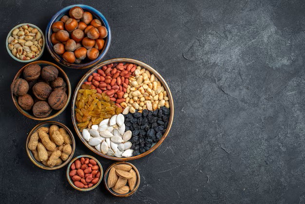 a variety of nuts and nuts in bowls