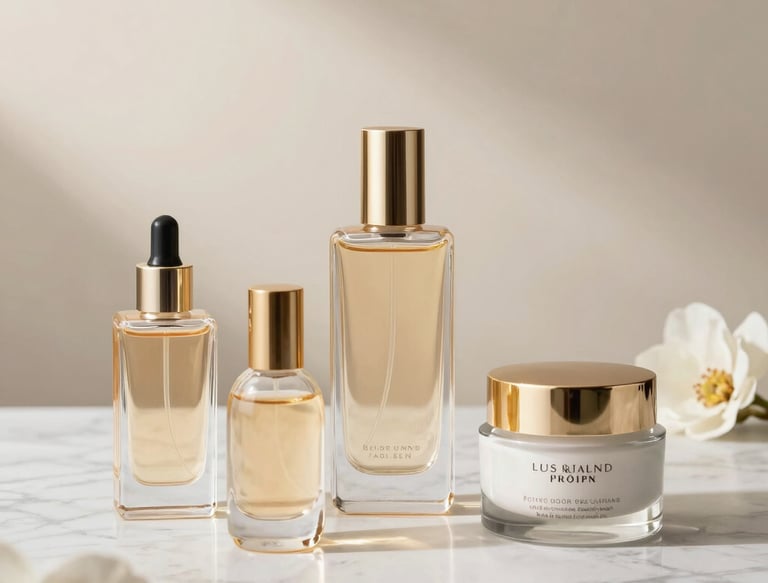 Elegant flat lay of Delora Royale skincare products on a nude-toned marble surface.