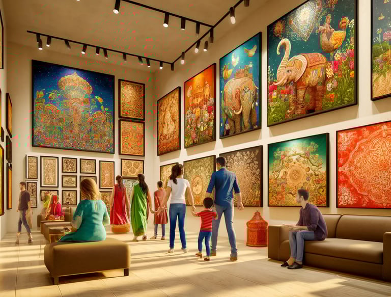 People observe colorful, intricate paintings in a well-lit art gallery. Several artworks feature animals and ornate designs.
