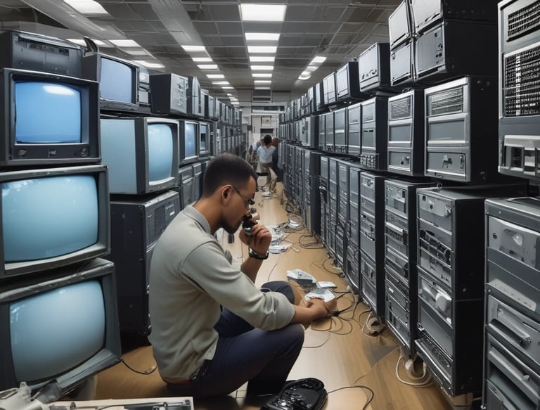 A room with a tiled ceiling and fluorescent lighting contains various electronic and office equipment. On the left, there's a wooden desk with a black server cabinet next to it. In the center of the room, a rack of network cables is visible, organized into a larger unit. To the right, a filing cabinet is mounted on the wall, with a printer/copier machine near the foreground. The walls are plain and the floor is covered in white tiles.
