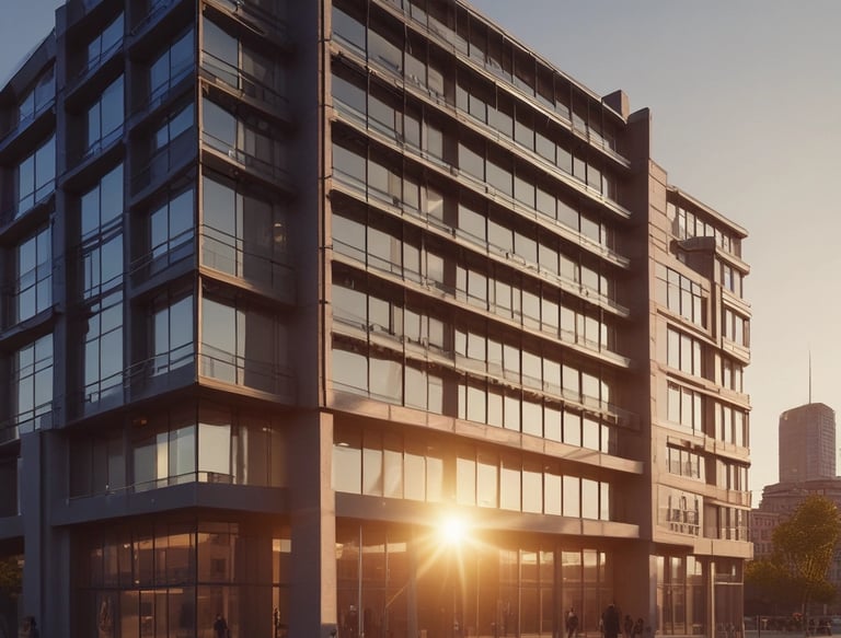 A sign for 'Shallom Komputer' is displayed prominently on the facade of a building, surrounded by lush green trees. The sign offers information about services related to hardware, software, networking, and accessories. The building features several rectangular windows and air conditioning units.
