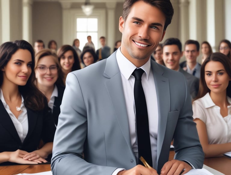 A person, dressed in a suit, is sitting indoors reading a document. The scene is dimly lit with reflections on glass, and the background shows a set of doors leading outside.