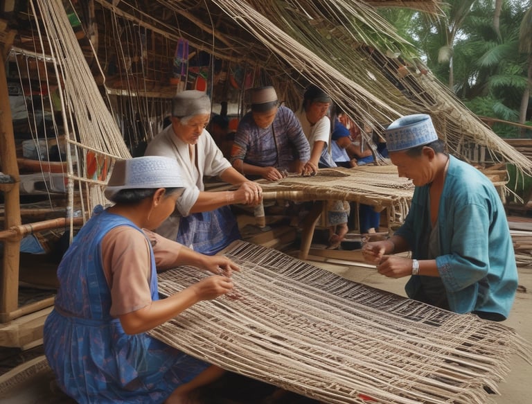 Several women dressed in colorful traditional clothing are sitting on the ground in a large indoor space, working with clay to create small handcrafted items. They are gathered around blue trays filled with clay pieces, interacting and focusing on their tasks. The background shows cardboard boxes and other people engaged in similar activities.