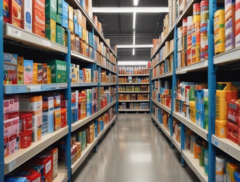 A diverse team collaborating over a table filled with FMCG products and digital devices.