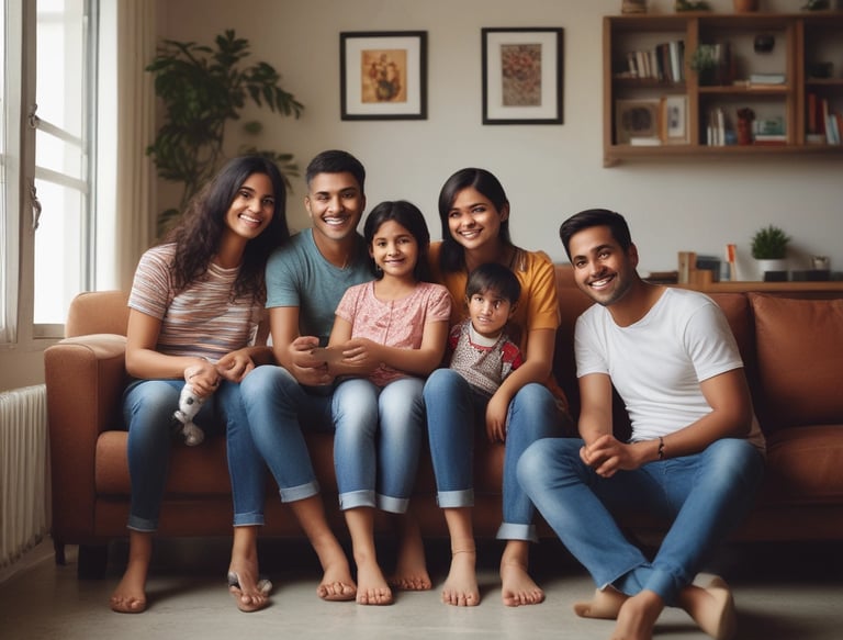 A satisfied family enjoying their new home in a vibrant community setting.